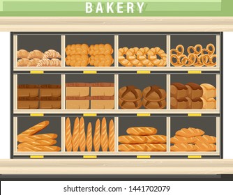 Bakery shopping stands Vector. Bread, pretzel, croissant. Front view detailed illustration