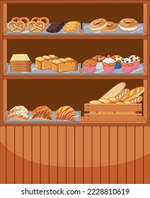 Bakery showcase with bread and pastry products illustration