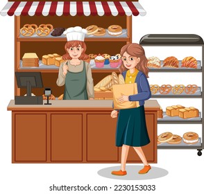 Bakery showcase with bread and pastry products illustration