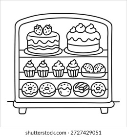 Página para colorear del escaparate de la panadería con líneas audaces y fáciles