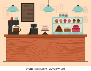 Bakery Showcase On The Bar In The Coffee Shop. Interior Vector Flat Illustration