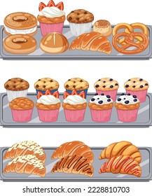 Bakery showcase with pastry products illustration