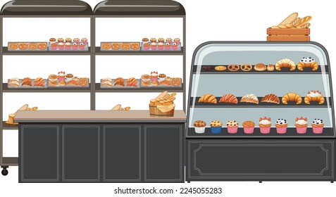 Bakery showcase with pastry products illustration