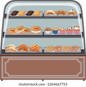 Bakery showcase with pastry products illustration