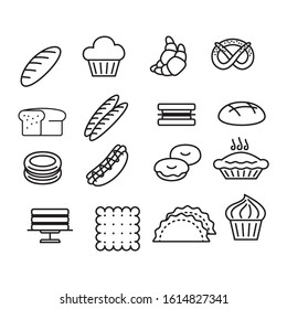 Bakery Sign Black Thin Line Icon Set Include of Cake, Donut, Bread, Dessert and Cupcake. Vector illustration of Icons