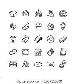 Bakery Sign Black Thin Line Icon Set Include of Donut, Cookie and Pie. Vector illustration of Icons