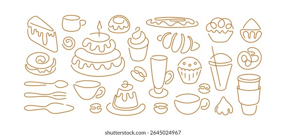 Bakery sign. Coffee, tea cup. Abstract geometric line, minimal set. Vector icons for cover design, food package, menu, shop. Horizontal composition. Editable stroke