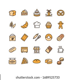 Bakery Sign Color Thin Line Icon Set Include of Cake, Bread and Croissant. Vector illustration of Icons