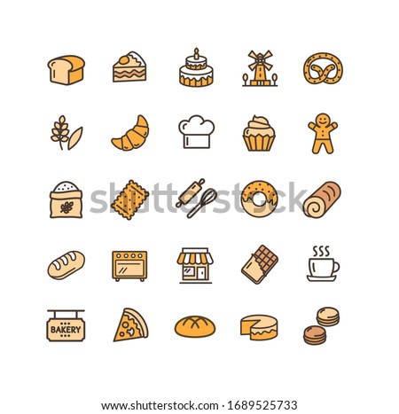 Bakery Sign Color Thin Line Icon Set Include of Cake, Bread and Croissant. Vector illustration of Icons