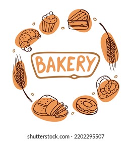 Bakery sign with bakery products. Outline doodles Pastry Set vector illustration.
Hand-drawn Lettering for logotype, banner, advertising, and signboard. Design for bakery shop, cafe