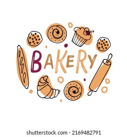 Bakery sign with bakery products sketch. Hand drawn Lettering for advertising, signboard, logotype, banner, card, design. Vector typography poster for bakery shop, cafe brand emblem isolated on white.