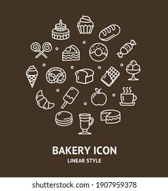 Bakery Sign Round Design Template Thin Line Icon Banner Include Of Cake, Bread, Donut And Croissant. Vector Illustration Of Lineart