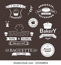 Bakery signs set, retro typography, pastries logos 