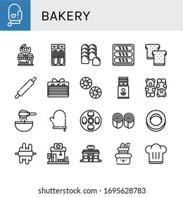 bakery simple icons set. Contains such icons as Oven mitt, Donut shop, Pancake, Bread, Toast, Rolling pin, Cake, Cookie, Wafer, Gummy bear, can be used for web, mobile and logo