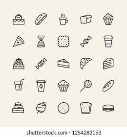 bakery simple icons set line style black color isolated on background with cake and dessert for logo, confectionery store, bakery shop, cafe, restaurant, sweet pattern, packaging paper. vector 10 eps