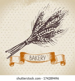 Bakery Sketch Background. Vintage Hand Drawn Illustration Of Wheat