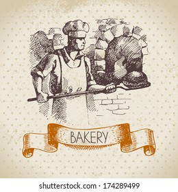 Bakery Sketch Background. Vintage Hand Drawn Illustration Of Baker