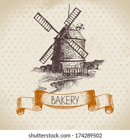 Bakery sketch background. Vintage hand drawn illustration of mill