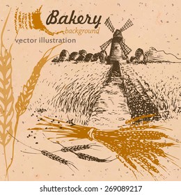 Bakery sketch background,drawing hand, vector illustration.