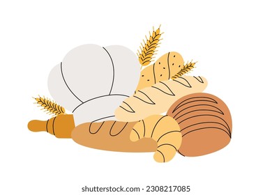 Esbozo de panadería. Casa de pan. Colección de panaderías. Pan de trigo, pretzel, ciabatta, cruasán, baguette francesa.