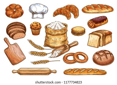 Bakery sketch bread or pastry and baker chef items. Vector icons of flour sack bag and dough or cutting board and baker hat, wheat ears with loaf and rye bagel or chocolate croissant and baguette