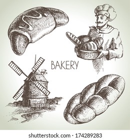 Bakery sketch icon set. Vintage hand drawn illustrations	