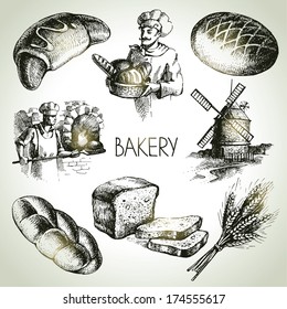 Bakery Sketch Icon Set. Vintage Hand Drawn Illustrations