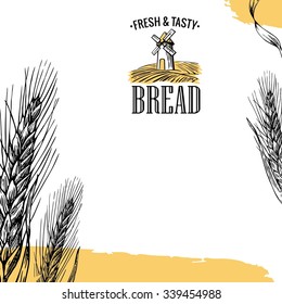 Bakery sketch with mill and wheat ears. Engraving vintage vector black illustration. Isolated on white background. Hand drawn design element for label and poster