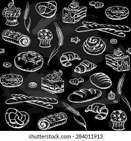 Bakery sketch seamless pattern on black board.