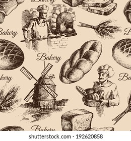 Bakery sketch seamless pattern. Vintage hand drawn illustration