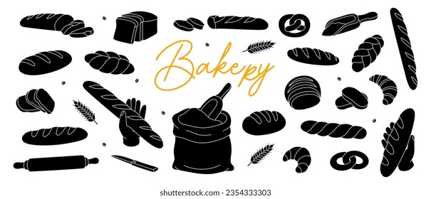 Bäckenskizze. Brot und Gebäck Banner Menügrafik. Vollkorn und Weizenbrot, Brezel, Ciabatta, Croissant, französisches Baguette.