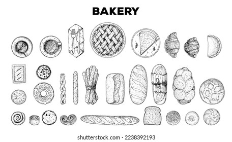 Bakery sketch set. Bakery collection. Hand drawn sketch with bread, pastry, sweet. Bakery set vector illustration. Hand drawn elements for design. Engraved food image