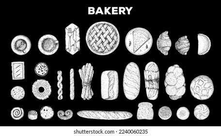 Bakery sketch set. Bakery collection. Hand drawn sketch with bread, pastry, sweet. Bakery set vector illustration. Hand drawn elements for design. Engraved food image