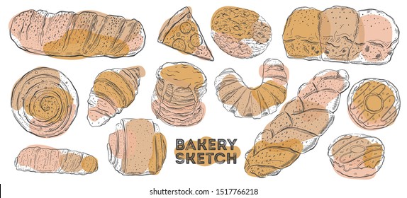 Bakery sketch set. Hand drawing cuisine. All elements are isolated in white background.Vector illustration.