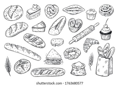 Bakery sketch set, hand drawn food illustration, doodle vector bread and pastry icons