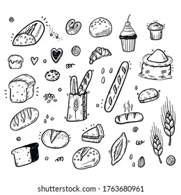 Bakery sketch set, hand drawn food illustration, doodle vector bread and pastry icons