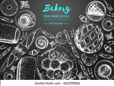 Bakery sketch. Bakery top view frame. Hand drawn sketch with bread, pastry, sweet. Bakery set vector illustration. Background template for design. Engraved food image