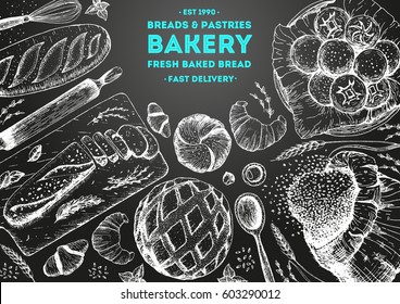 Bakery sketch. Bakery top view frame. Hand drawn sketch with bread, pastry, sweet. Bakery set vector illustration. Background template for design. Engraved food image