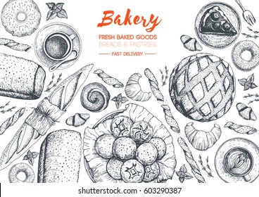 Bakery sketch. Bakery top view frame. Hand drawn sketch with bread, pastry, sweet. Bakery set vector illustration. Background template for design. Engraved food image