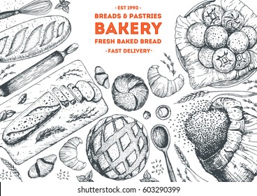 Bakery sketch. Bakery top view frame. Hand drawn sketch with bread, pastry, sweet. Bakery set vector illustration. Background template for design. Engraved food image