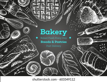 Bakery sketch. Bakery top view frame. Hand drawn sketch with bread, pastry, sweet. Bakery set vector illustration. Background template for design. Engraved food image