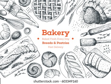 Bakery sketch. Bakery top view frame. Hand drawn sketch with bread, pastry, sweet. Bakery set vector illustration. Background template for design. Engraved food image