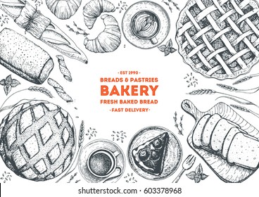 Bakery sketch. Bakery top view frame. Hand drawn sketch with bread, pastry, sweet. Bakery set vector illustration. Background template for design. Engraved food image
