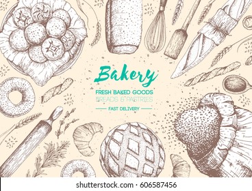 Bakery sketch. Bakery top view frame. Hand drawn sketch with bread, pastry, sweet. Bakery set vector illustration. Background template for design. Engraved food image.