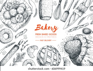 Bakery sketch. Bakery top view frame. Background template for design. Engraved food image.