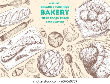 Bakery sketch.  Bakery top view frame. Background template for design. Engraved food image.