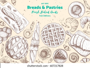 Bakery sketch. Bakery top view frame. Background template for design. Engraved food image.