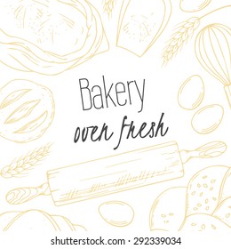 Bakery sketched illustrations in vector. Background with hand drawn groceries goods for design with place for text