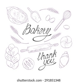 Bakery sketched illustrations in vector. Hand drawn groceries goods collection. Food design
