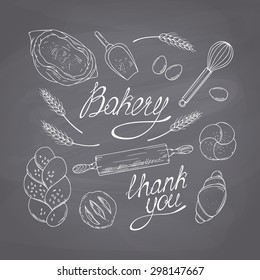 Bakery sketched objects. Chalk style vector illustration. Chalkboard food background